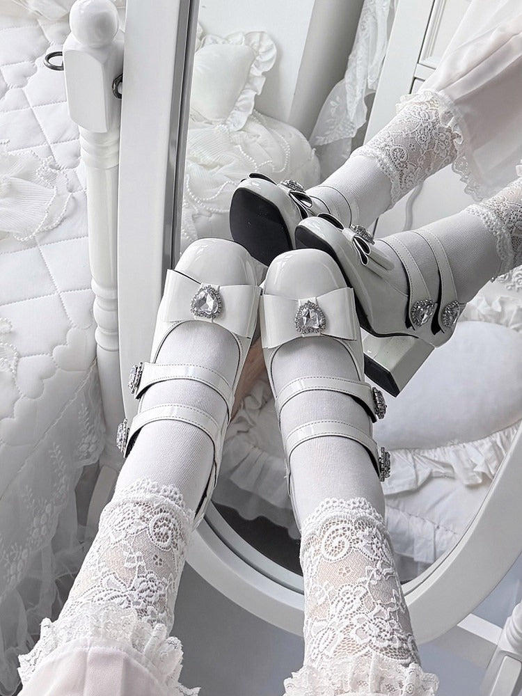 Elegant White Crystal Embellished Square Toe Mary Jane Shoes with Heart Buckle Straps - Transfer Student