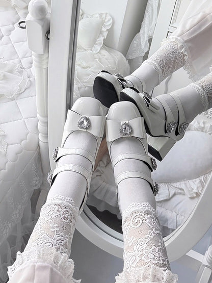 Elegant White Crystal Embellished Square Toe Mary Jane Shoes with Heart Buckle Straps - Transfer Student