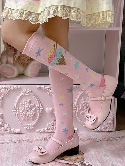 Rosa/Blau/Lila/Gelb/Weiße Lolita-Socken mit Eisdesign und Kalbsdruck in Creme
