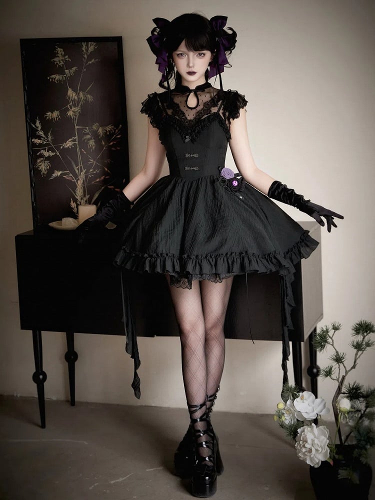 Ärmel Tüll Schwarzes Top Gepunkteter Flatterkragen Qipao Sheer