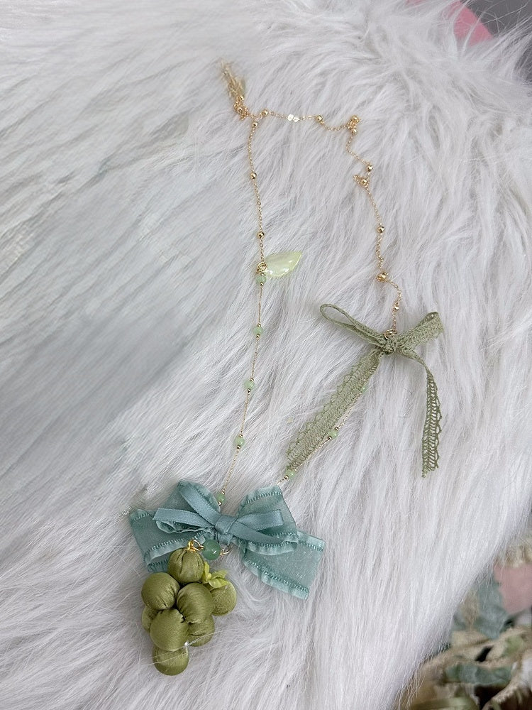 Green Pendant Grape Bow Ribbon Necklace