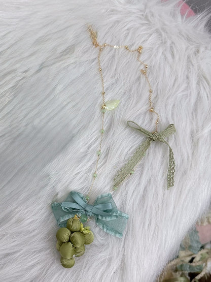 Green Pendant Grape Bow Ribbon Necklace