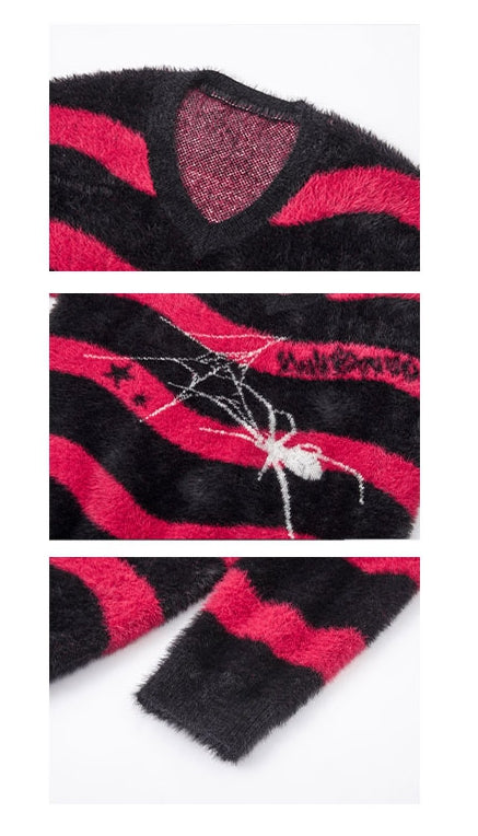 Black Punk Sweater Spider Red V-neck and Striped
