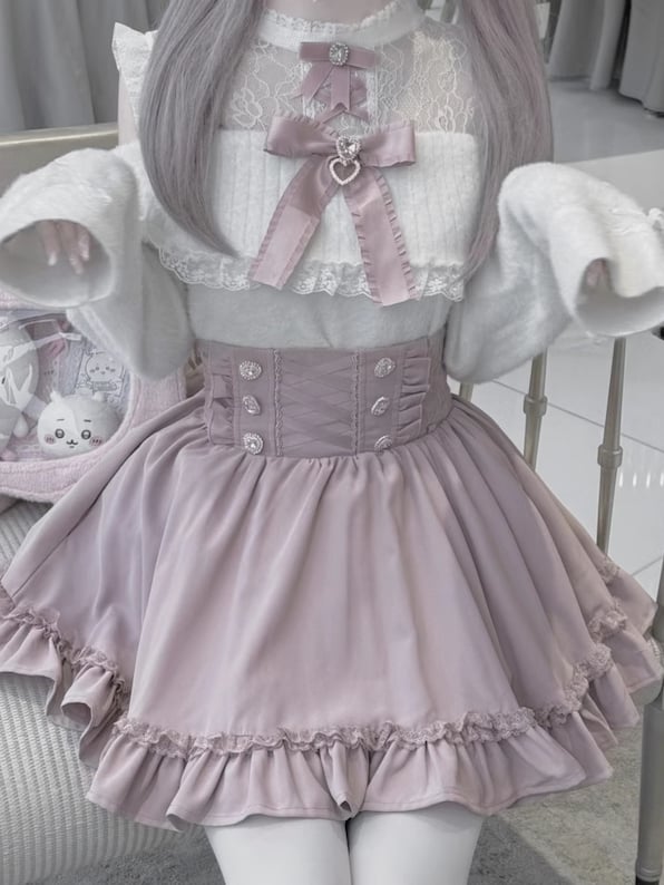 Jirai Kei Pullover im Landmine-Stil mit rosa und weißem Illusionsausschnitt und ausgeschnittenen Schultern