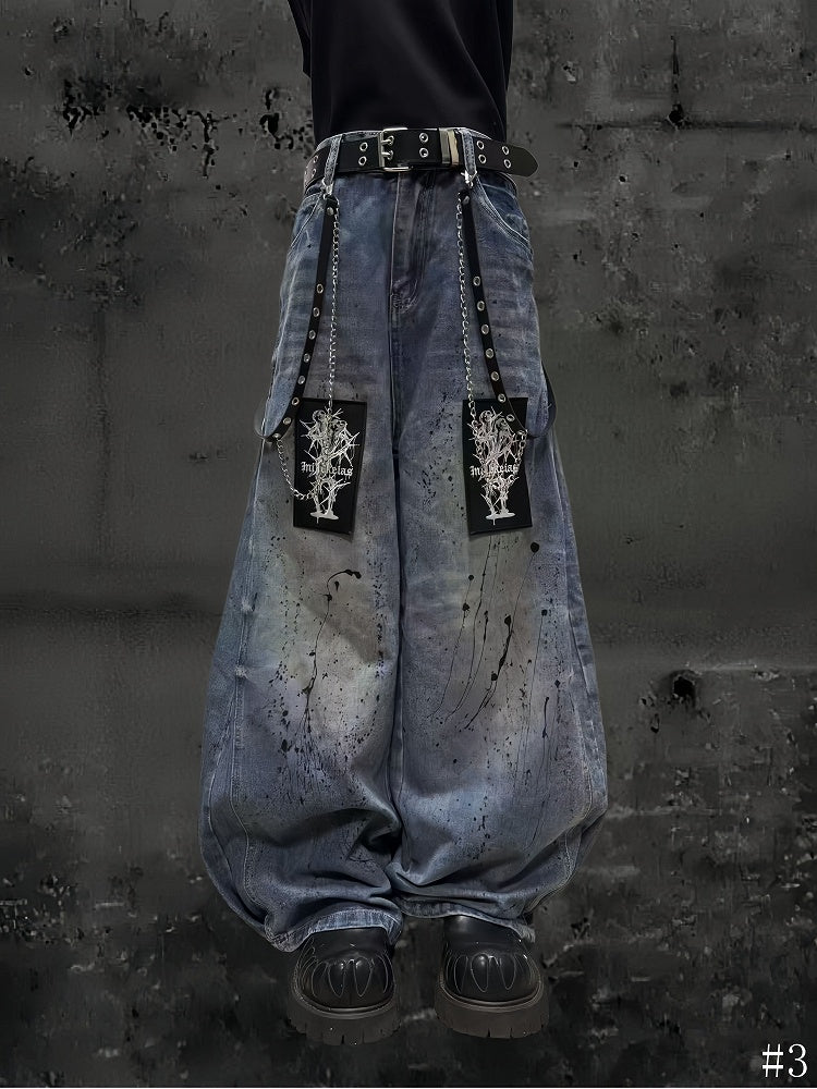 Splatter with Punk and Faded Appliques Blue Random Wide-Leg Jeans Wash Embroidered