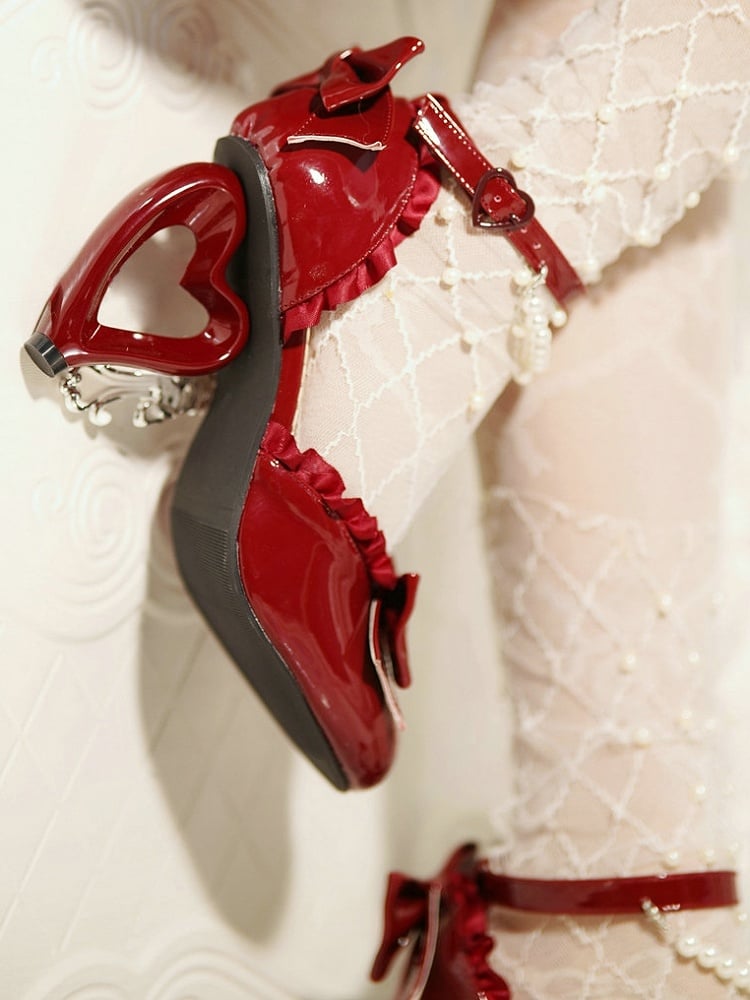 Accent Heels Red for Leather Wine Lolita Elegant PU Bow High -