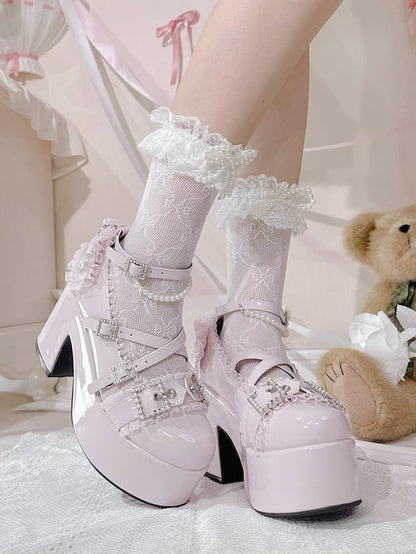 Pink - Beaded Block Platform Kei Polished Jirai Chain Heels High