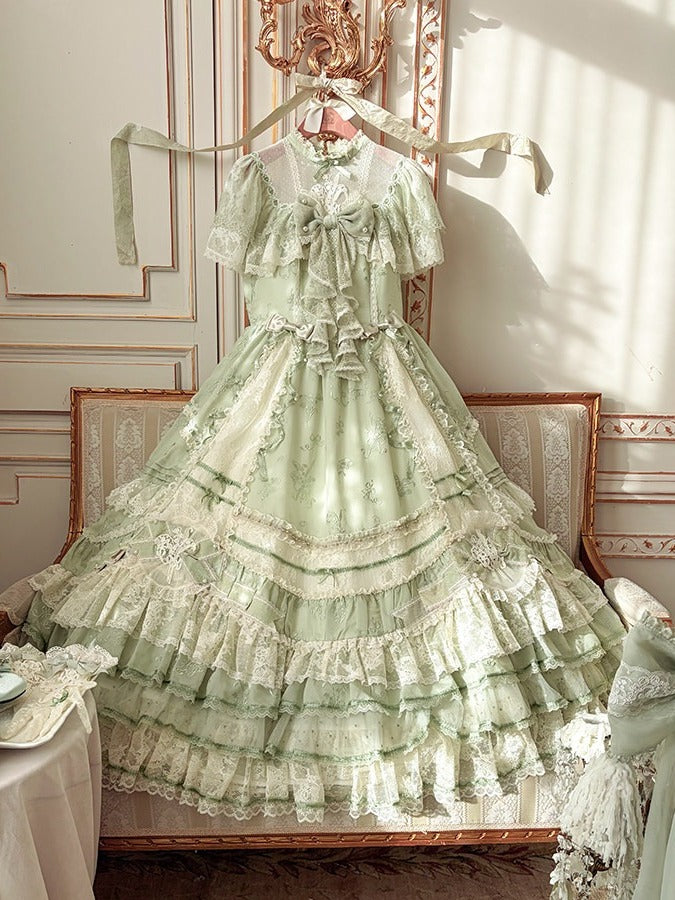 Emerald Lace-Trimmed OP Dress with Embroidered Flowers and Train - Mademoiselle Pearl