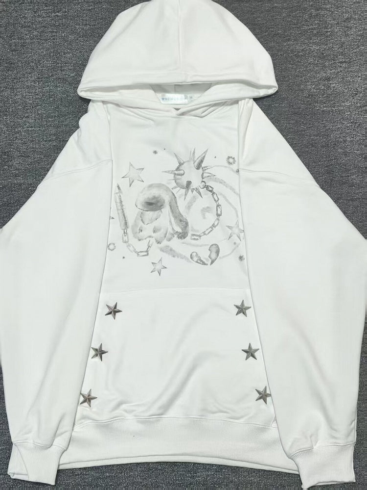 White Casual Rabbit Pattern Hoodie with Star Decoration - NEMU