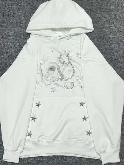 White Casual Rabbit Pattern Hoodie with Star Decoration - NEMU
