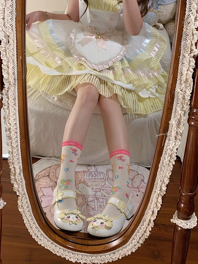 with Cute Toe - Heels Rabbit Lolita Accents Low Design for Strap Light Round Yellow Flower Details Bow