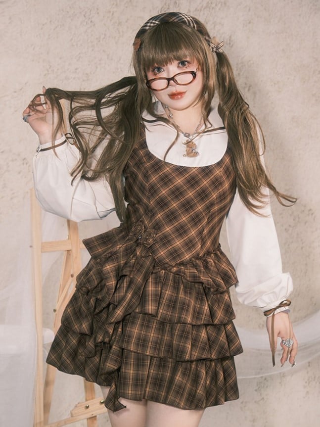 Detachable Preppy with Plaid Dress Plus Roses Brown Size Sailor Tiered Collar
