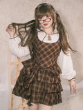 Detachable Preppy with Plaid Dress Plus Roses Brown Size Sailor Tiered Collar