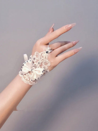 White Lace Wrist Cuffs with Rhinestone and Bow Decorations - Mr. Cat