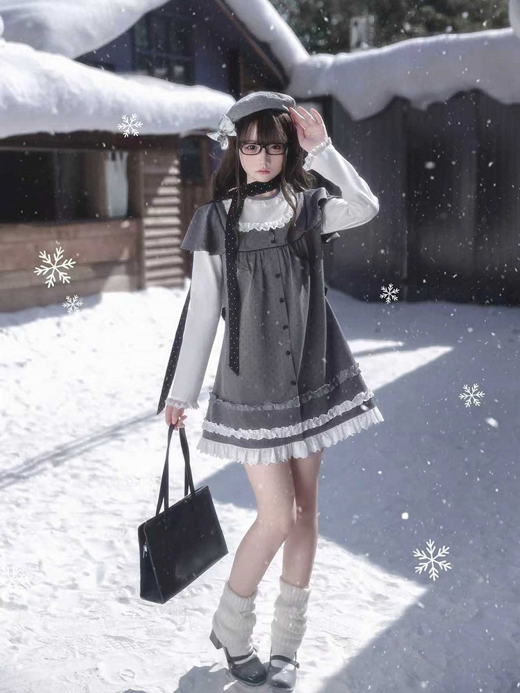 Dress Two-Piece Kei Dot Fake Sleeve Polka Jirai Ruffled Gray Long