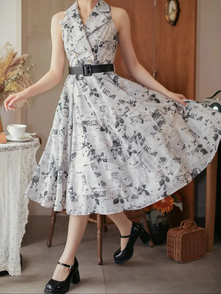 ブレザーカラー 1950年代 レトロドレス 夏ファッション プリント 新聞