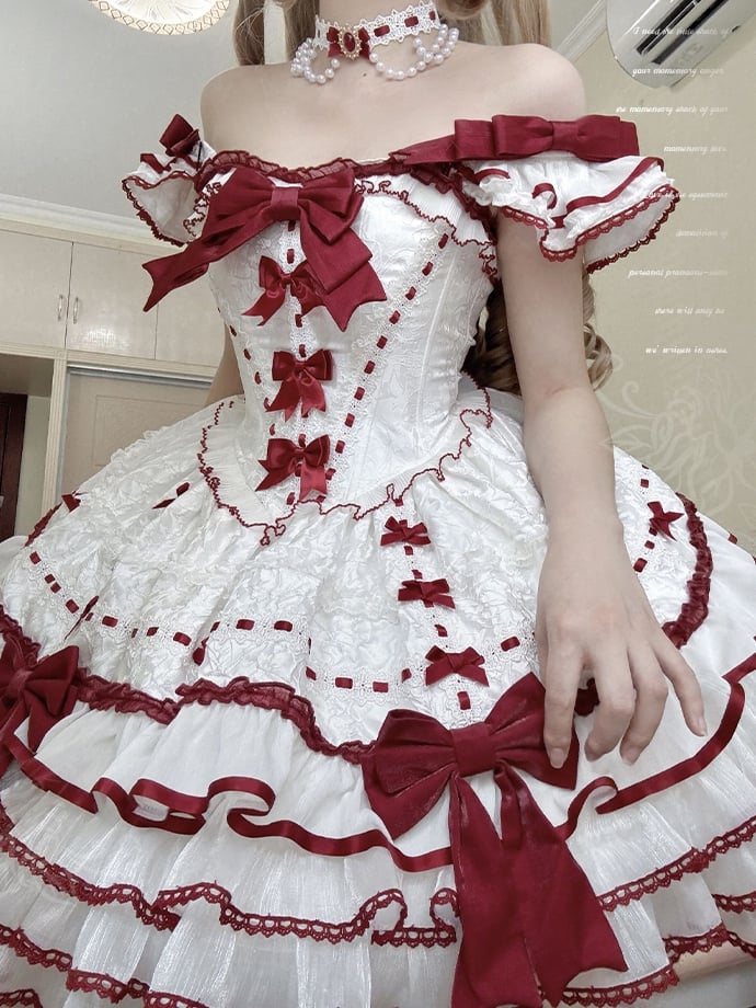 Rüschen Akzente Rock Weiß Schleife Pullover Tiered Prinzessin Rot Lolita