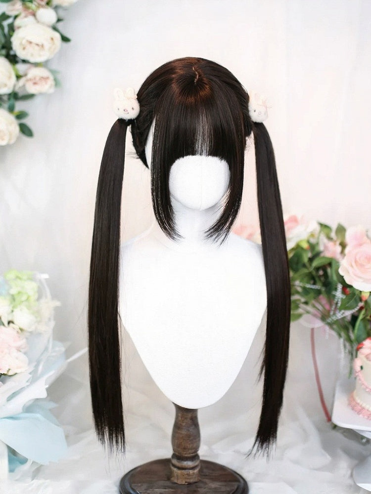 Black Tea 65cm Long Straight Wig with Twin Tails - Dalao Home
