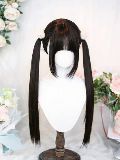 Black Tea 65cm Long Straight Wig with Twin Tails - Dalao Home
