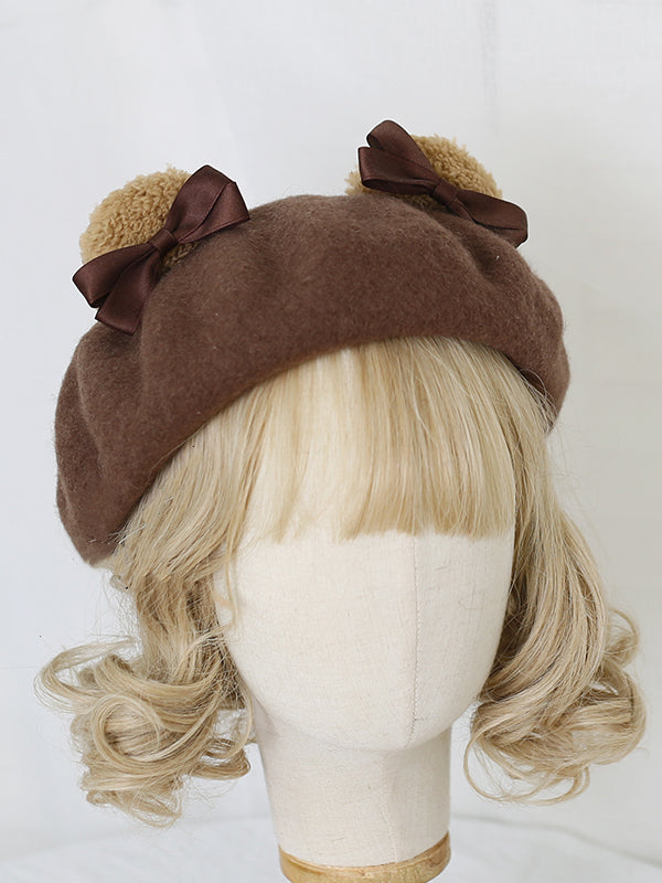 キャメル/ベージュコーヒー かわいいクマ耳ベレー帽 ウール