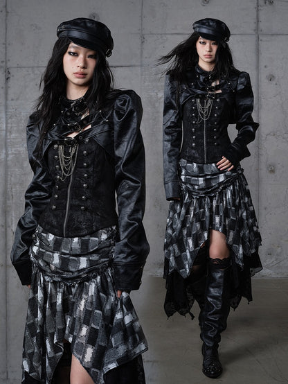 Jacket Punk with Vintage Studs PU Buckled Crop Straps Black