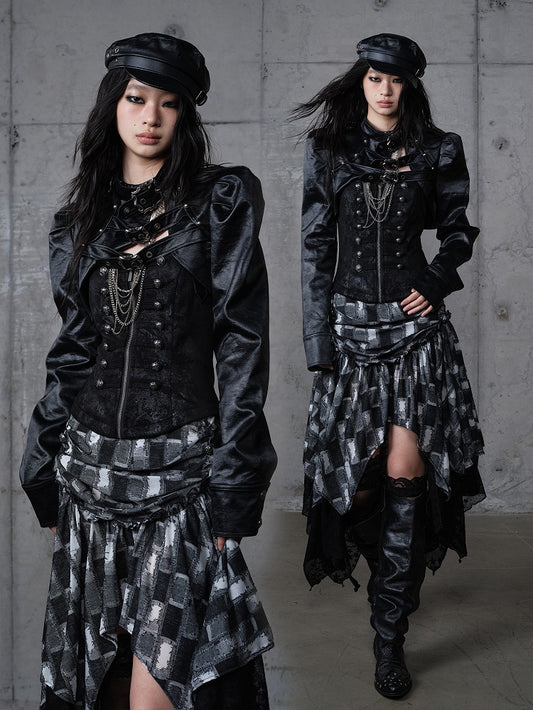 Jacket Punk with Vintage Studs PU Buckled Crop Straps Black