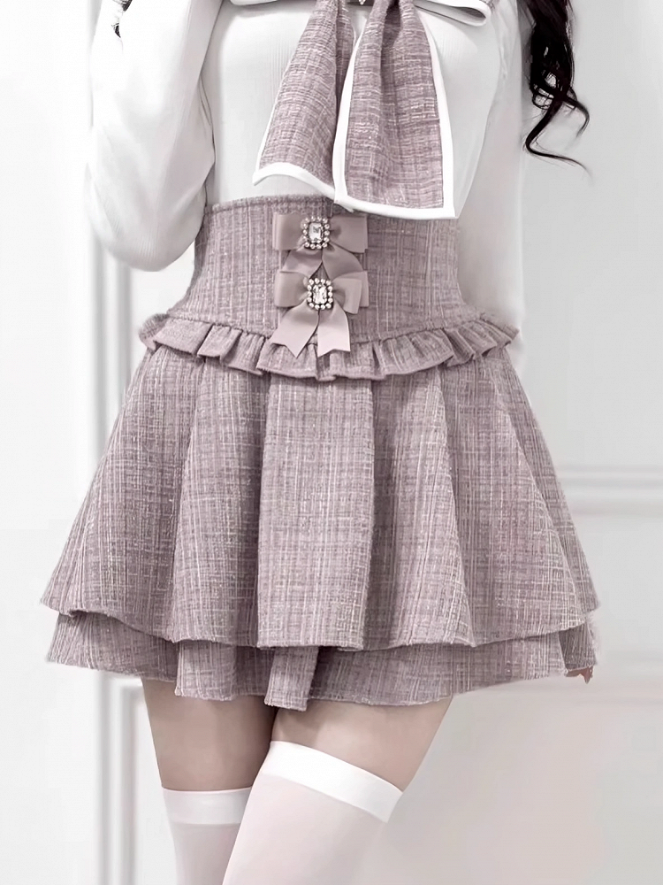 Skirt: Layer Waist with Tweed High Detachable Double Hem Bows Pink Kei Jirai
