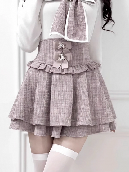 Skirt: Layer Waist with Tweed High Detachable Double Hem Bows Pink Kei Jirai