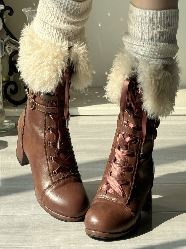 Bow Accents Boots - Mid-Calf Elegant Lolita Brown