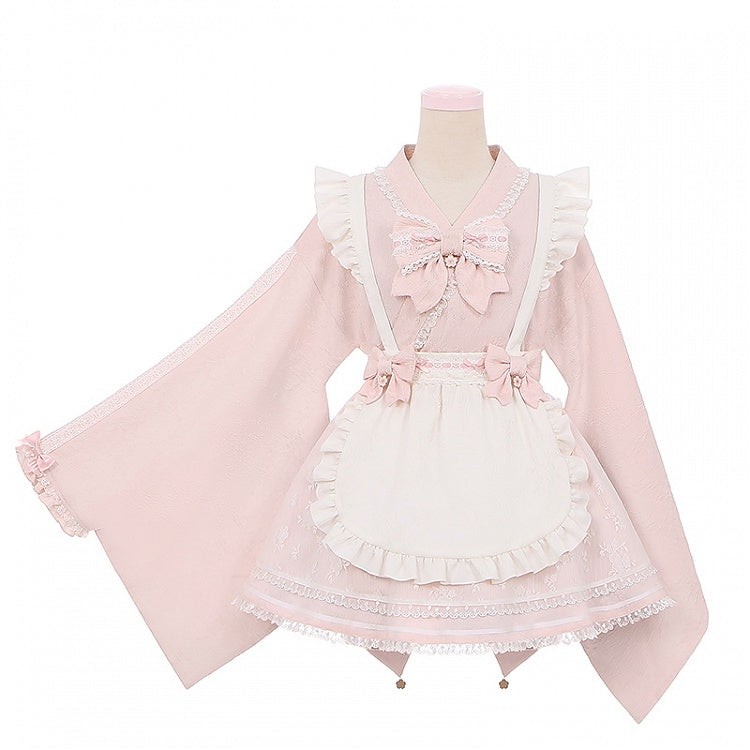 Wa Kei Pink Set-Bell Full Style Jirai Ärmel Blütenschürze Kleid + Flatteroutfit Festival Cherry