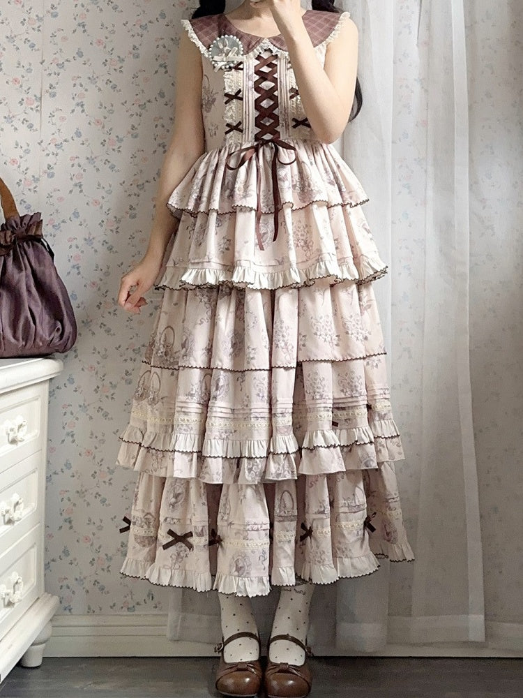 Beige & Brown Floral Print Tiered Ruffles Elegant Classic Lolita Dress with Plaid-Patterned Collar