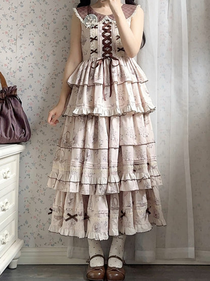 Beige & Brown Floral Print Tiered Ruffles Elegant Classic Lolita Dress with Plaid-Patterned Collar
