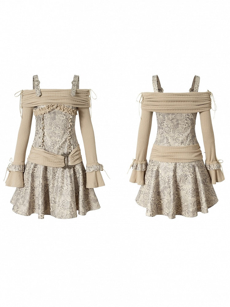 Off-Shoulder Dress Vintage Khaki Knit Punk A-Line with Belt Beige-gray PU Design