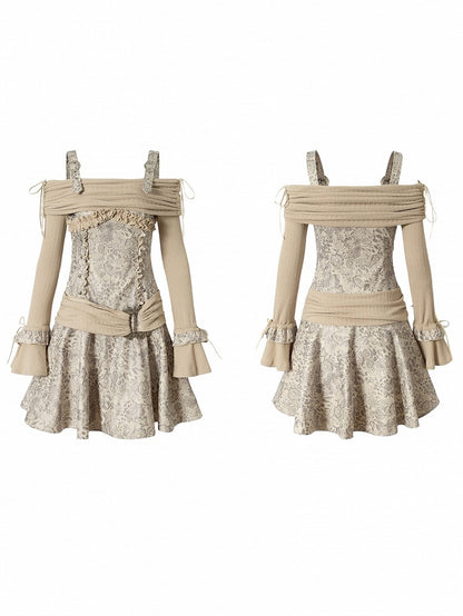 Off-Shoulder Dress Vintage Khaki Knit Punk A-Line with Belt Beige-gray PU Design