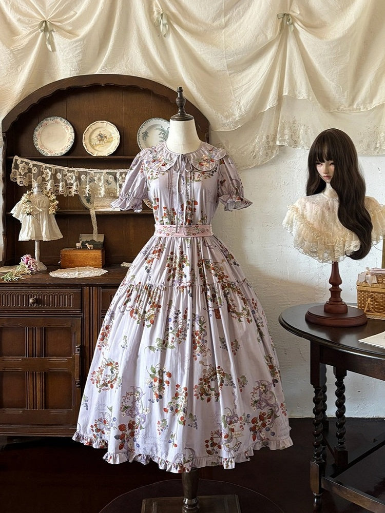 Purple Berry-Themed Floral Dress with Waist Belt and Collar Accessory - Zoncel