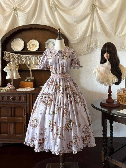 Purple Berry-Themed Floral Dress with Waist Belt and Collar Accessory - Zoncel