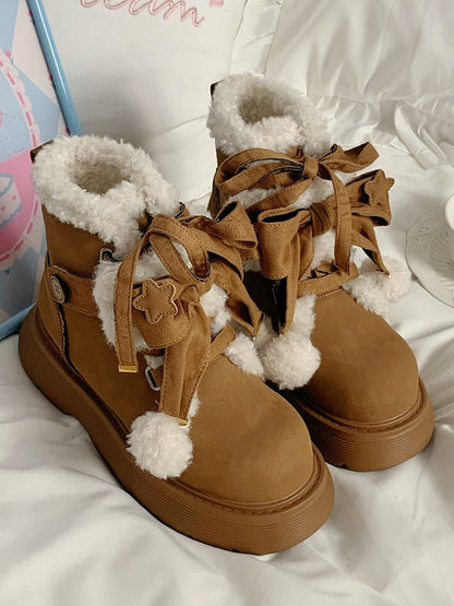 Fleece Winter with 5.5cm System Heel Brown Closure - Hybrid Boots Lolita Cozy Sweet