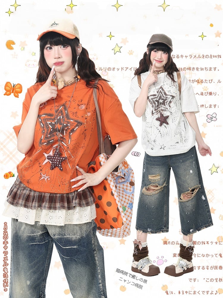 Orange Vintage Crew Neck Tee with Star Print - Languid Park