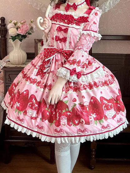 Set Erdbeerkleid Sweet Lolita Kurze Ärmel Volldruck Rosa