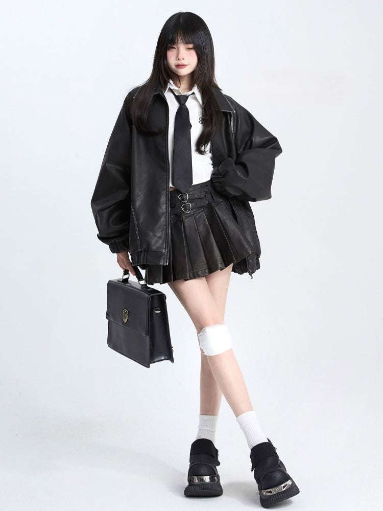 Mid-Rise Accents Spicy A-Line Metallic Black Chic PU Skirt Edgy Pleated with