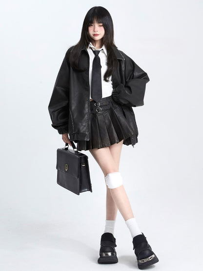 Mid-Rise Accents Spicy A-Line Metallic Black Chic PU Skirt Edgy Pleated with