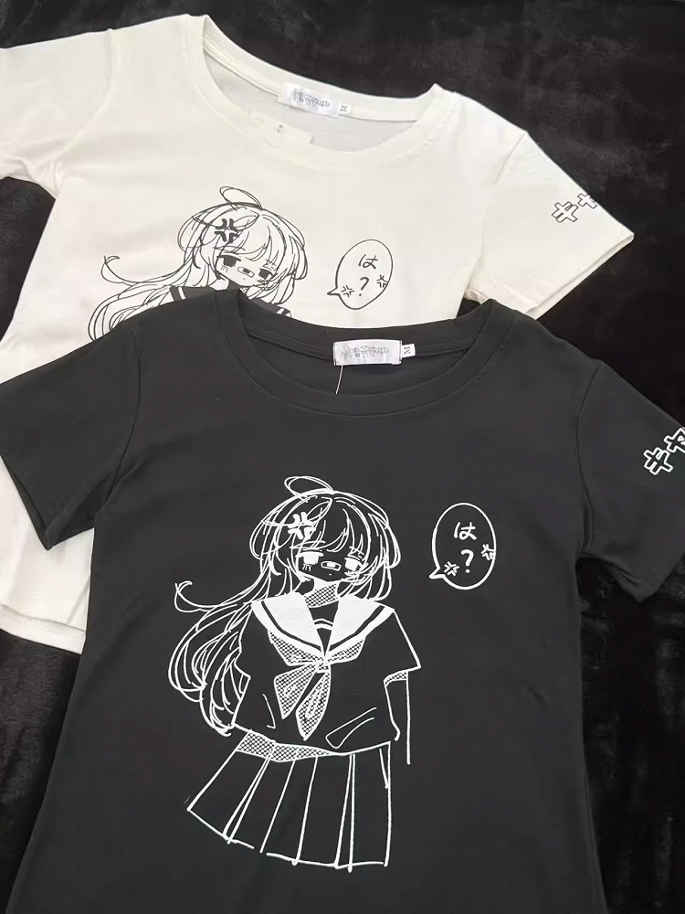 Round Neck with White / Anime Girl Print  Cotton T-Shirt Black