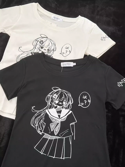 Round Neck with White / Anime Girl Print  Cotton T-Shirt Black