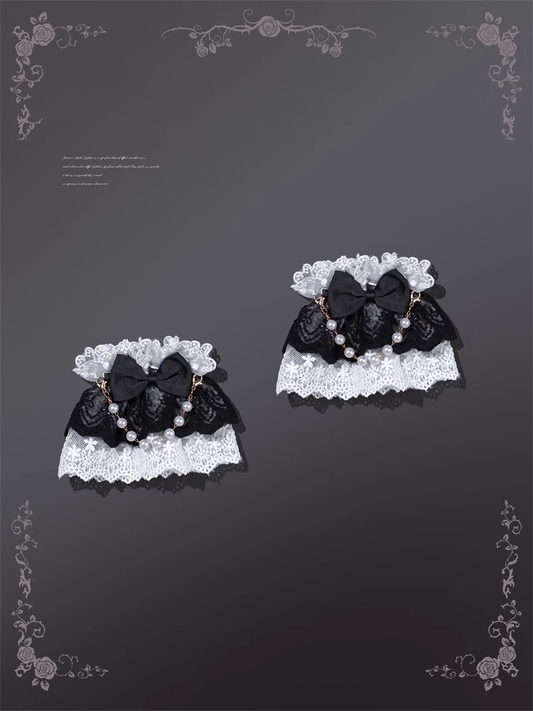 White Black Lace Wrist Cuffs with Beaded Chain and