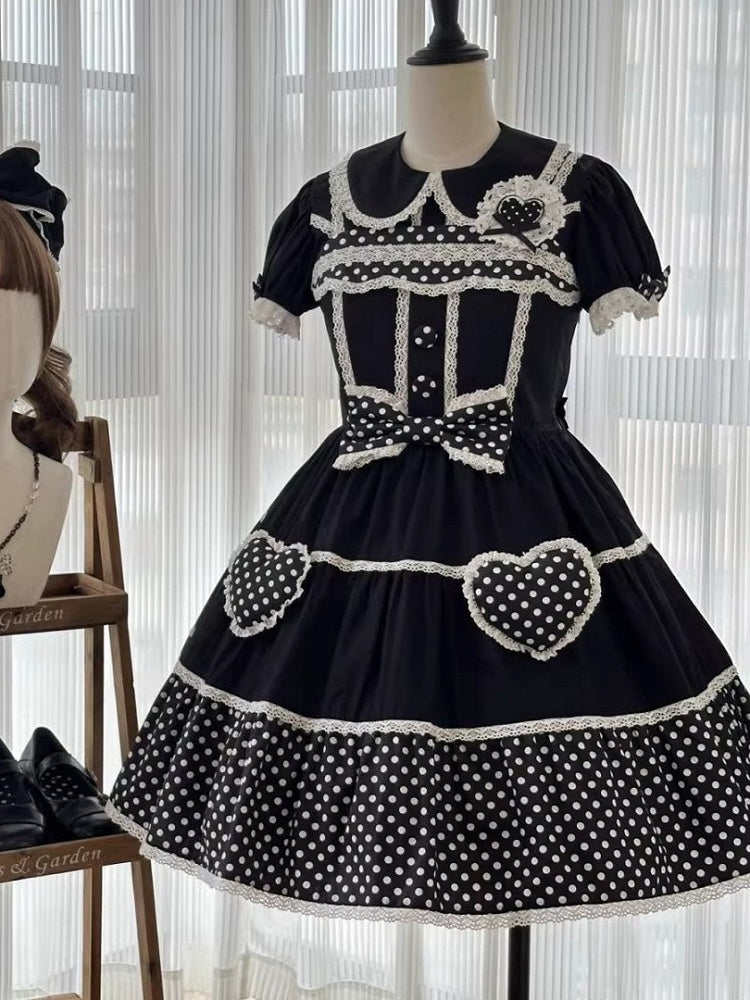 Kleid Schule Polka Alt Schwarz Baumwolle Weiß Punkte Lolita