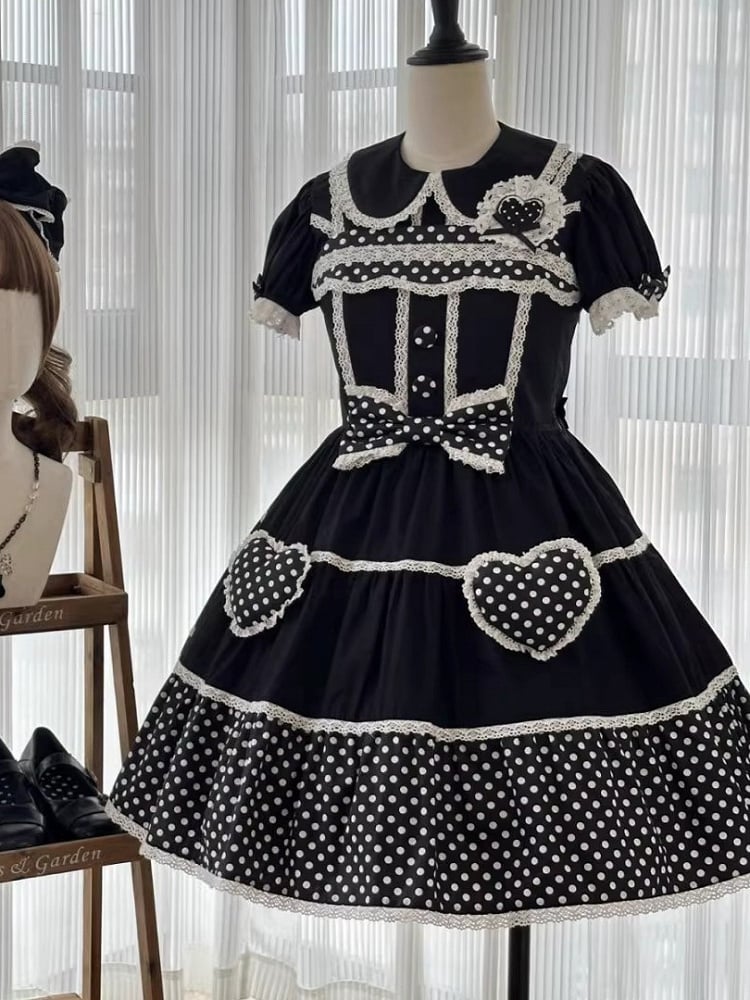 Schul-Baumwollbluse Lolita Alte flache Ärmel Runder kurzer schwarzer Kragen