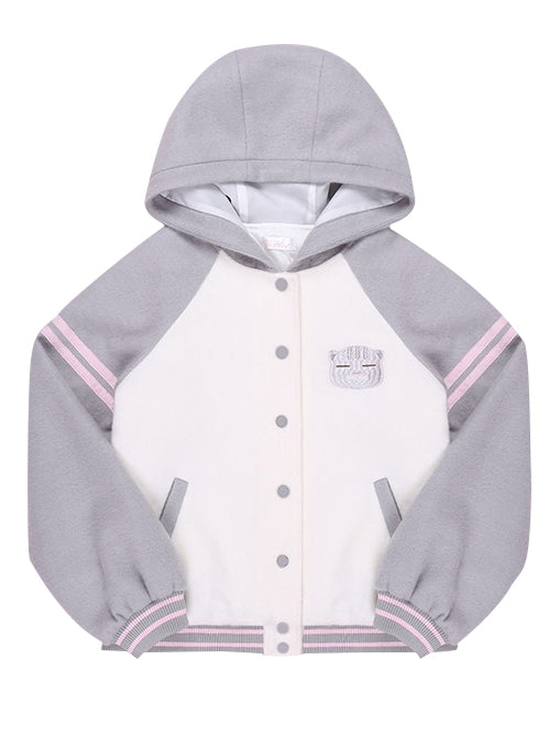 White and Gray Cat Hooded Woolen Baseball Jacket