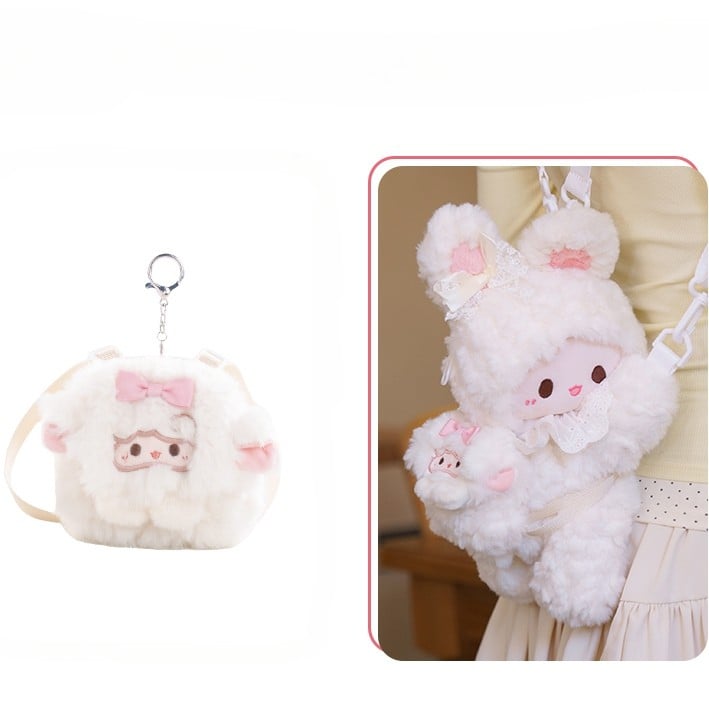 White Bag Backpack/Crossbody Keychain Plush Rabbit Backpack Bowknot +