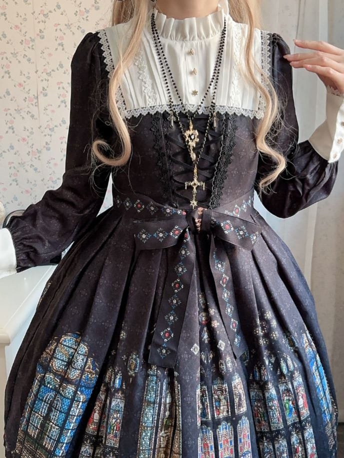 White Dress Window Collar Stained Gothic Sleeves Short Black Version Print Lolita with Long Church Detachable