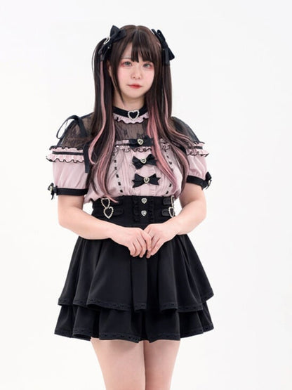 ジライケイ デコレーションハート 蝶結び ラインストーン ヘアクリップ ブラック/ピンク